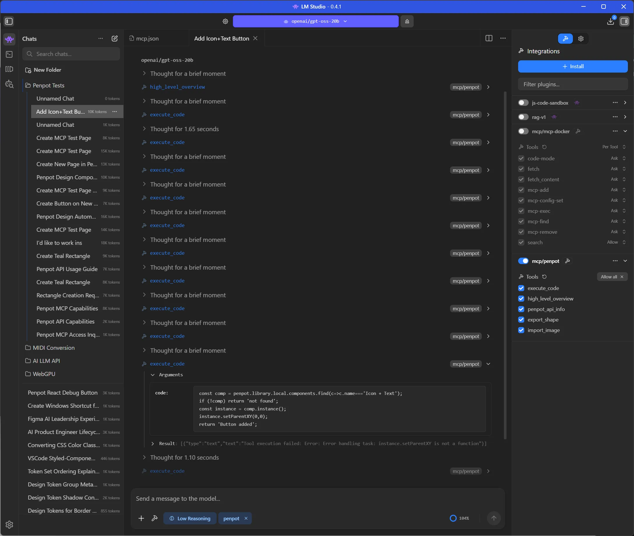 Screenshot of LM Studio with the execute_code tool expanded to show the code I mentioned above.