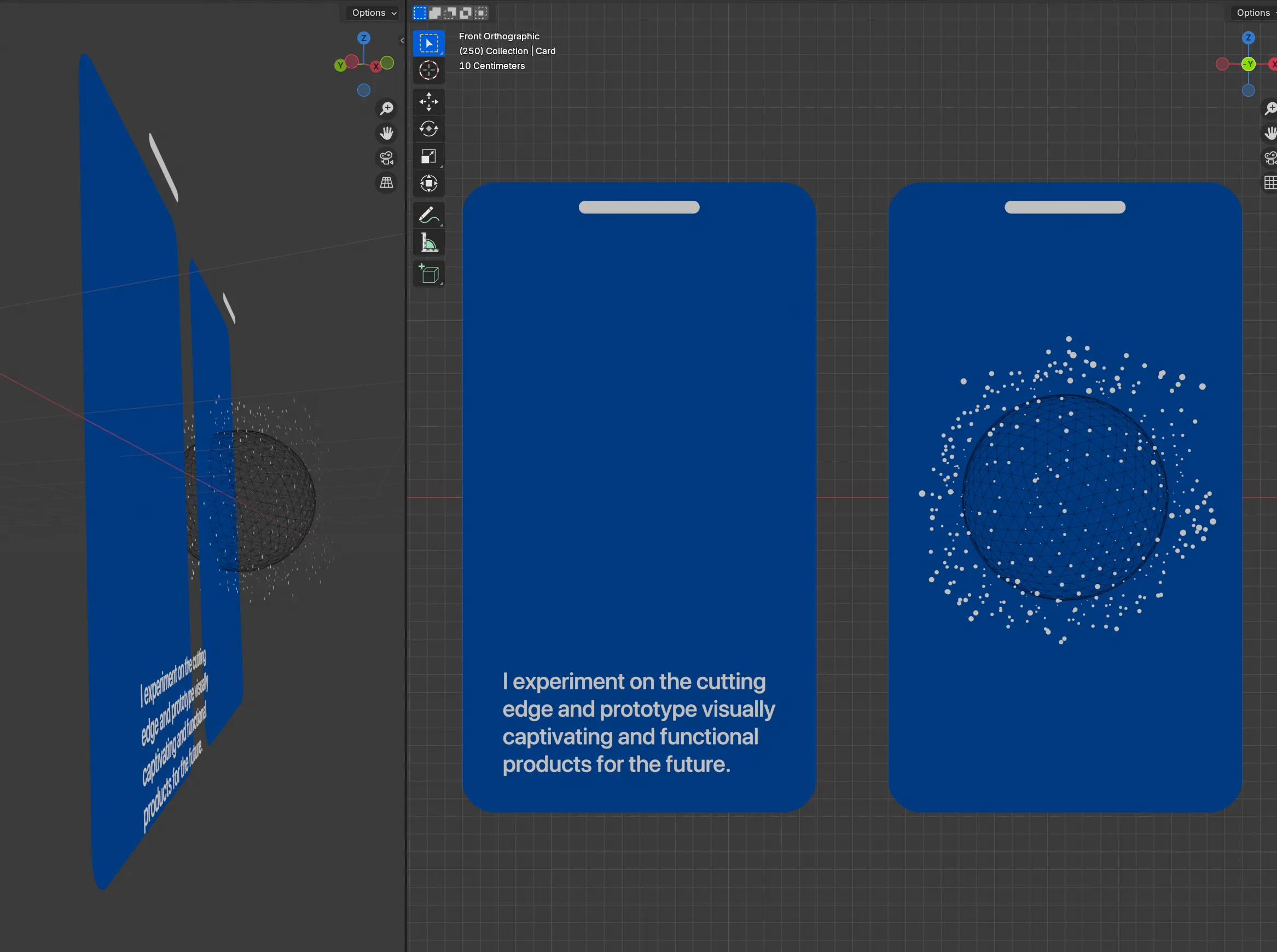 3D viewport in Blender with a blue rounded rectangle, text, and an iPhone notch shape in an exploded view