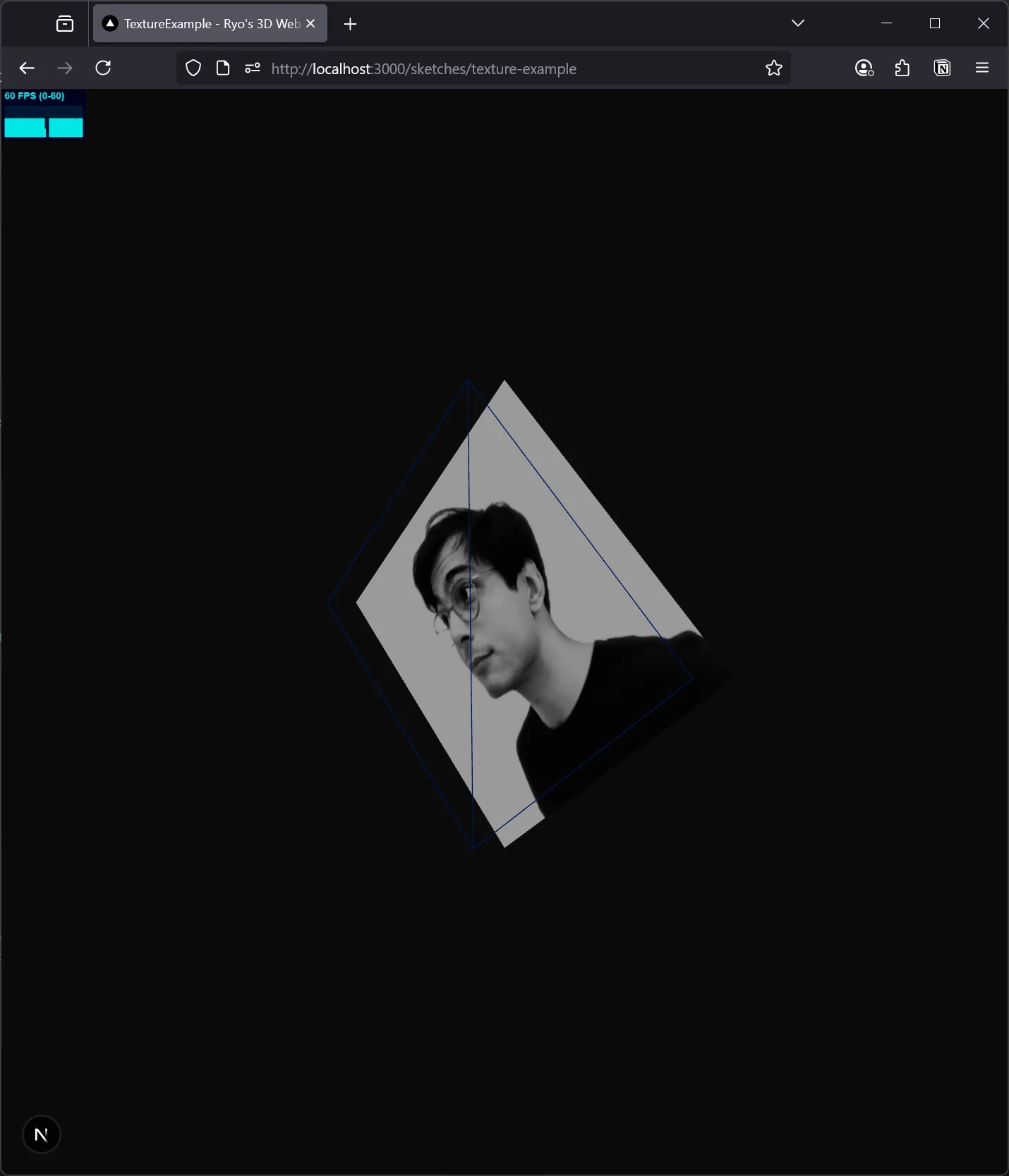 A web browser with a local web app loaded. A canvas is rendering a 3D plane with a texture of my avatar mapped to it. A blue wireframe version of the plane is offset in front.