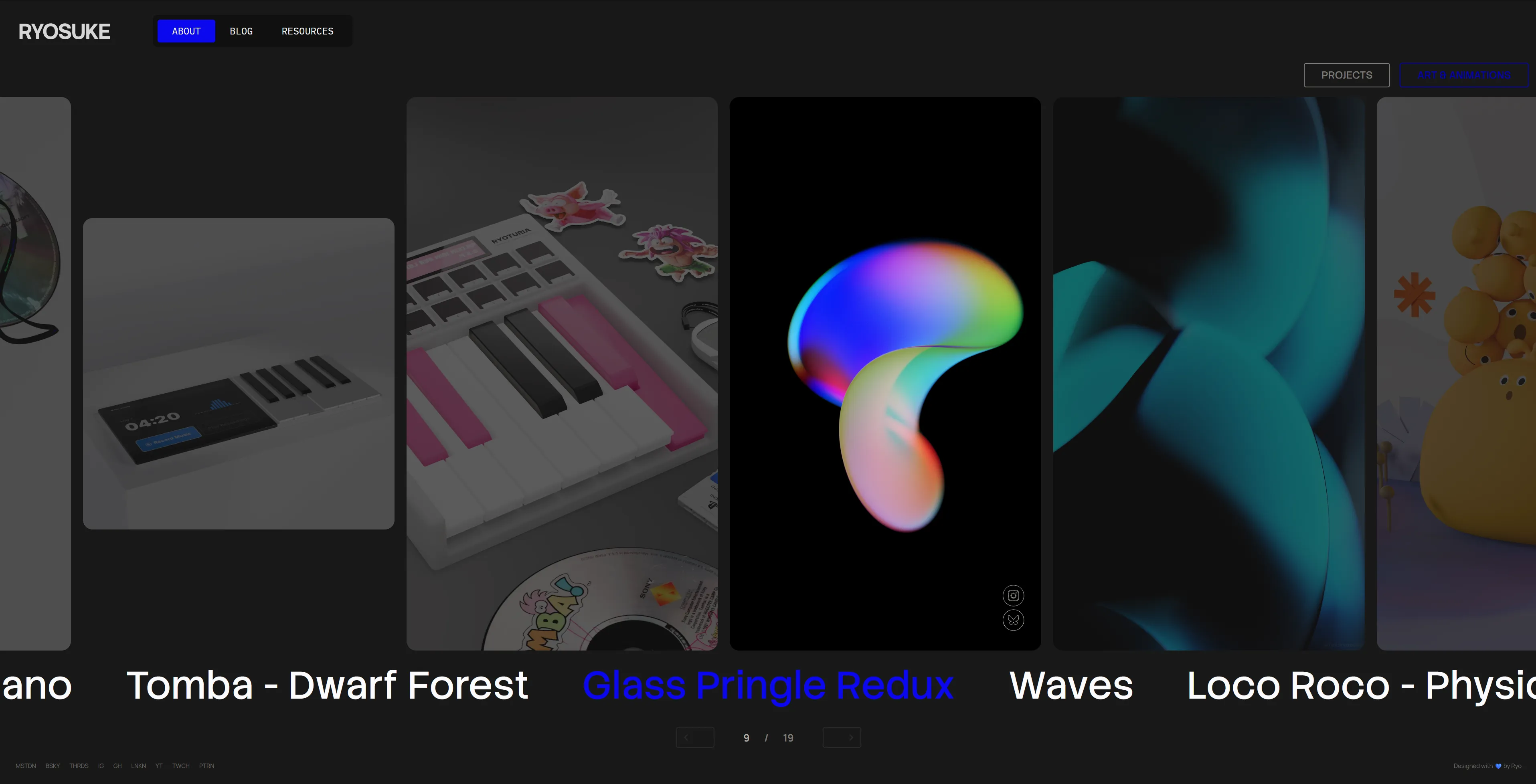 The frontpage of the site. Features a horizontal slider of vertical and square format art pieces, like my 3D renders. 