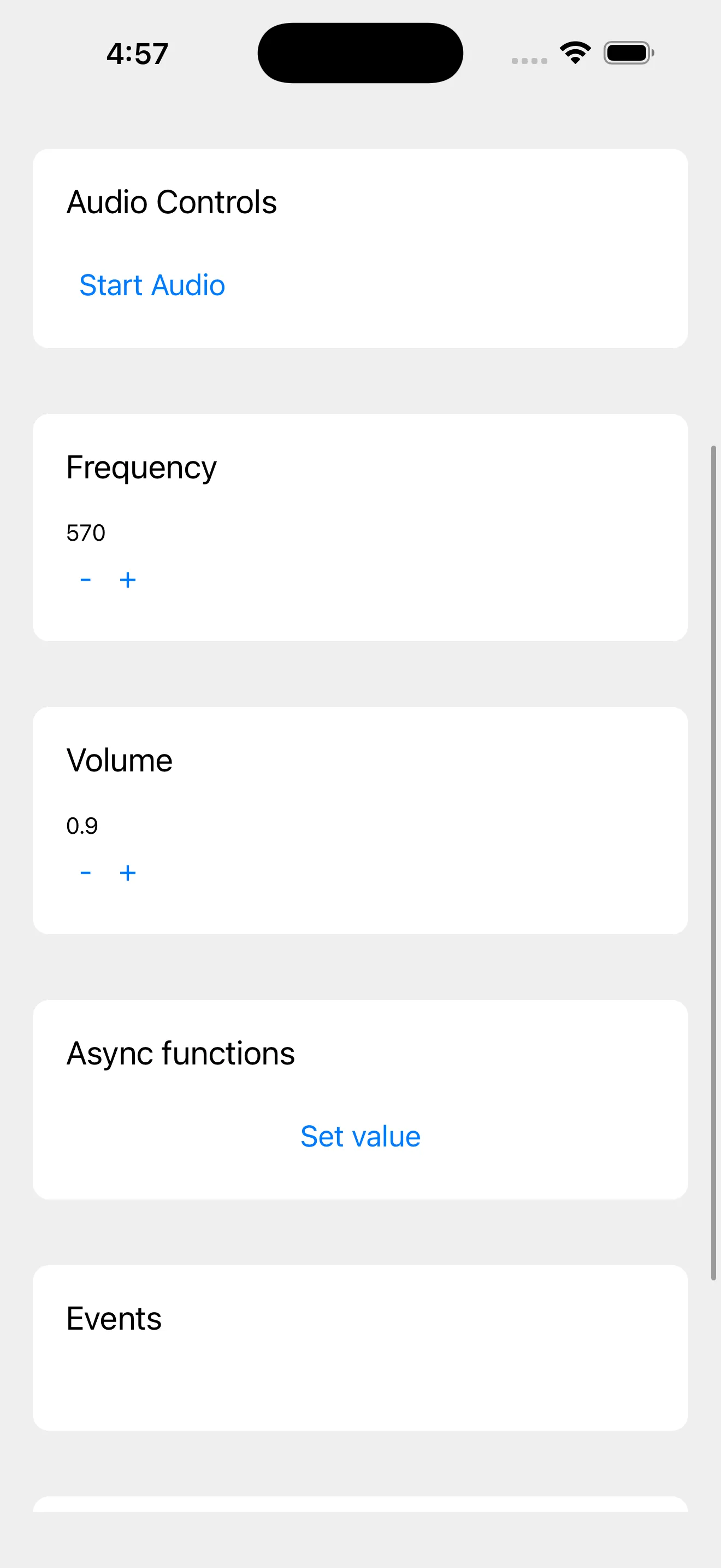 A screenshot of an iOS application with a couple boxes with titles and buttons, like a “start audio” button or “frequency” section with plus and minus buttons.