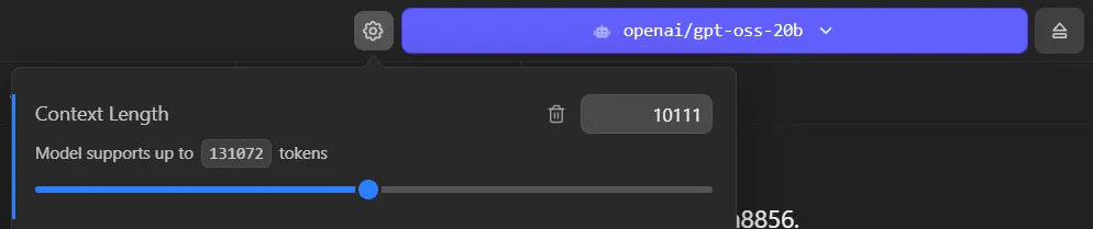 LM Studio model settings popup showing the Context Length set to 10111.