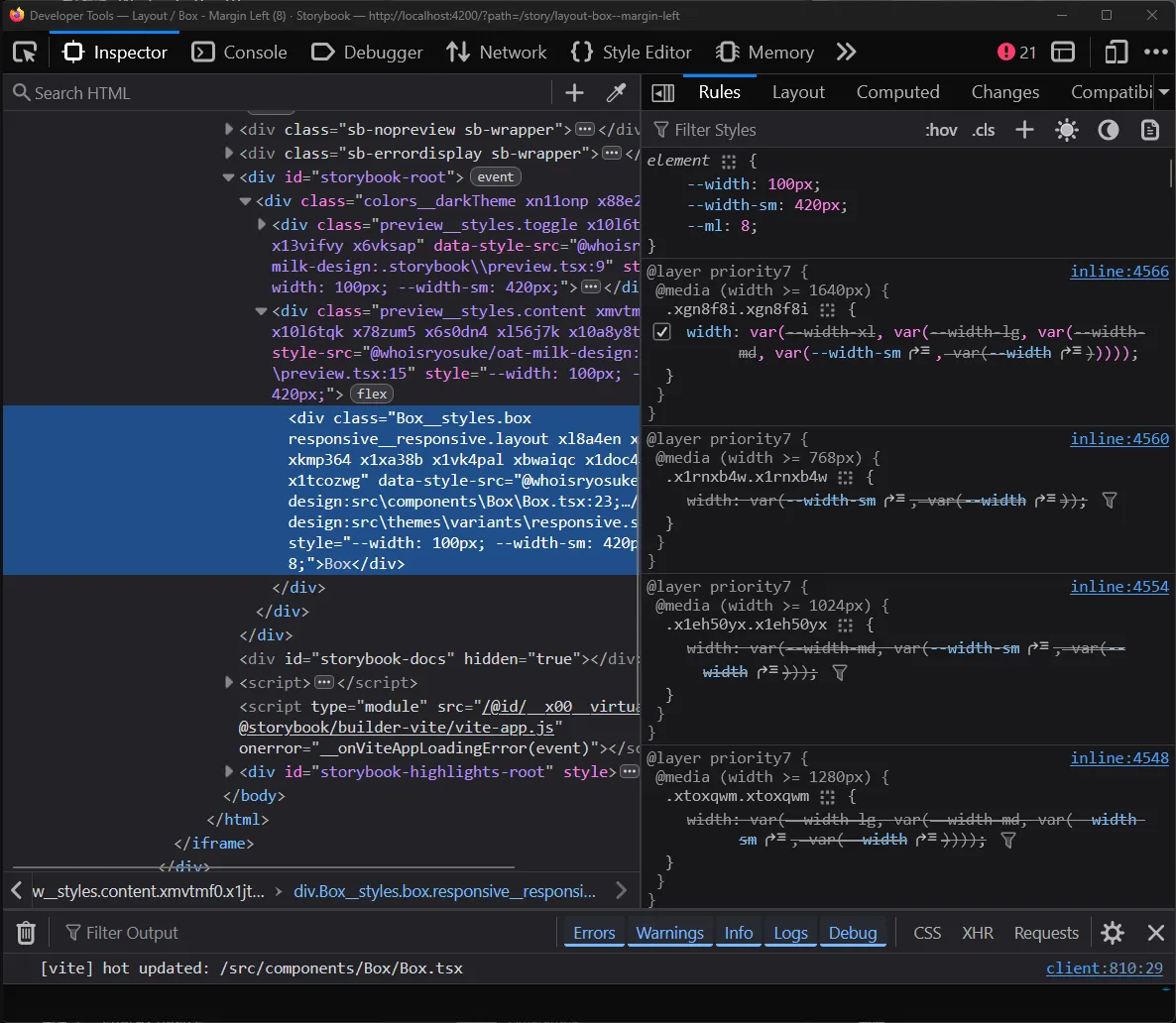 The Firefox DevTools on the Inspector tab with a div element selected. The sidebar has a list of CSS variables applied as an inline style including a width and “sm” width breakpoint value. Below is a CSS class applying the media queries for the largest breakpoint.