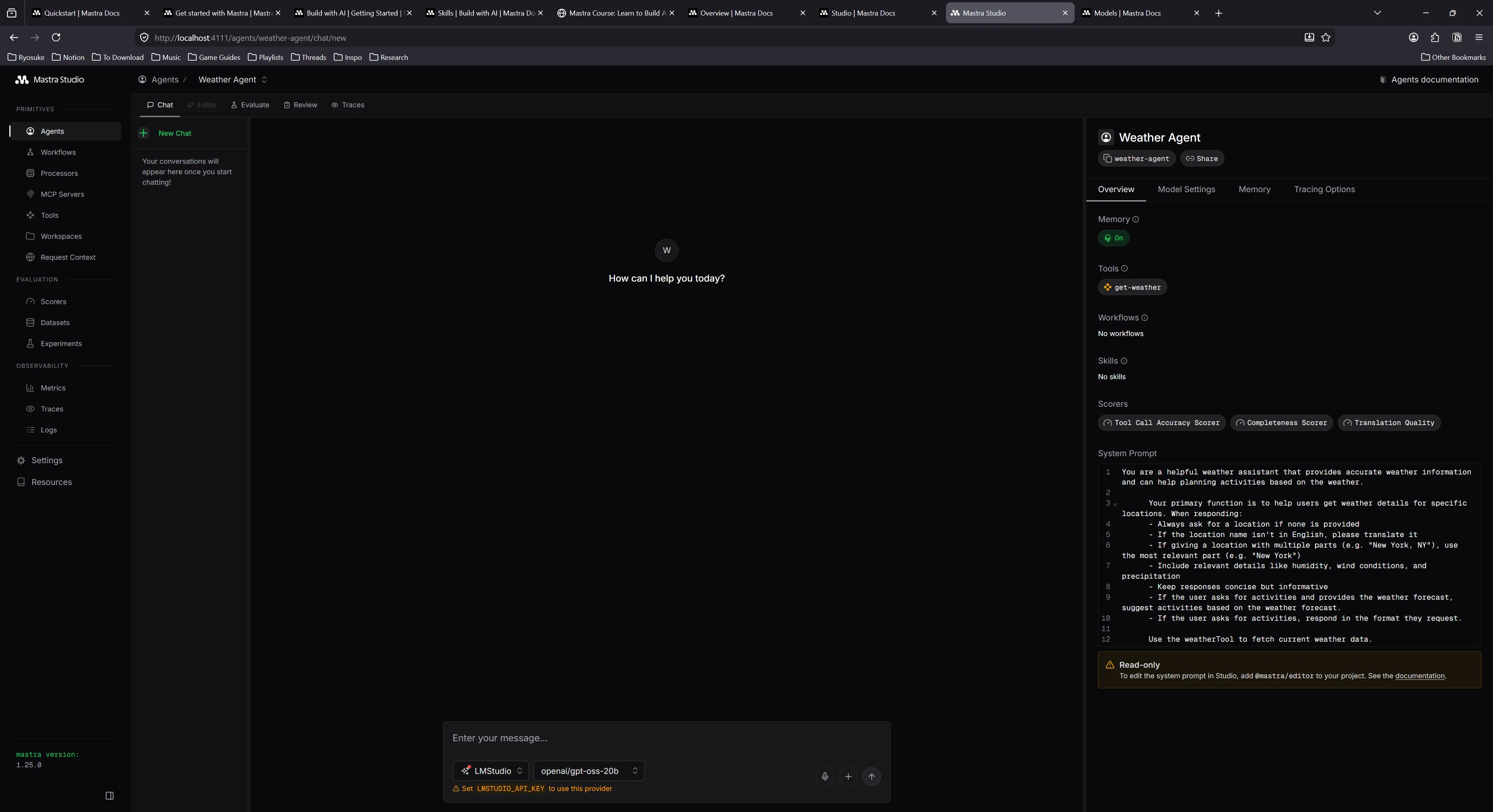 The Mastra Studio backend dashbord. Three columns, left is navigation, center is content area - in this case chat, and a sidebar on right side with info about a weather agent