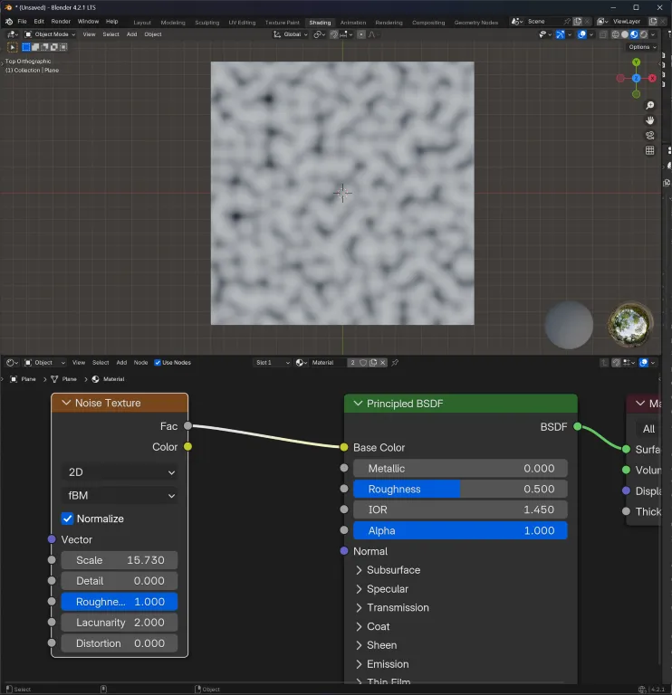 The Noise Texture in Blender displayed as a node in the shading graph with the material visible on a Plane displaying the result of the noise texture.