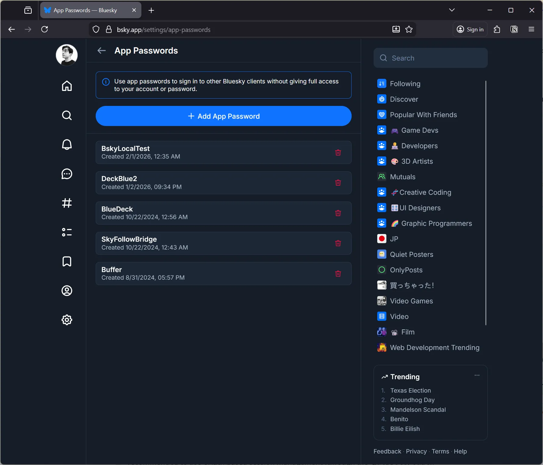 Bluesky's App Password setting screen