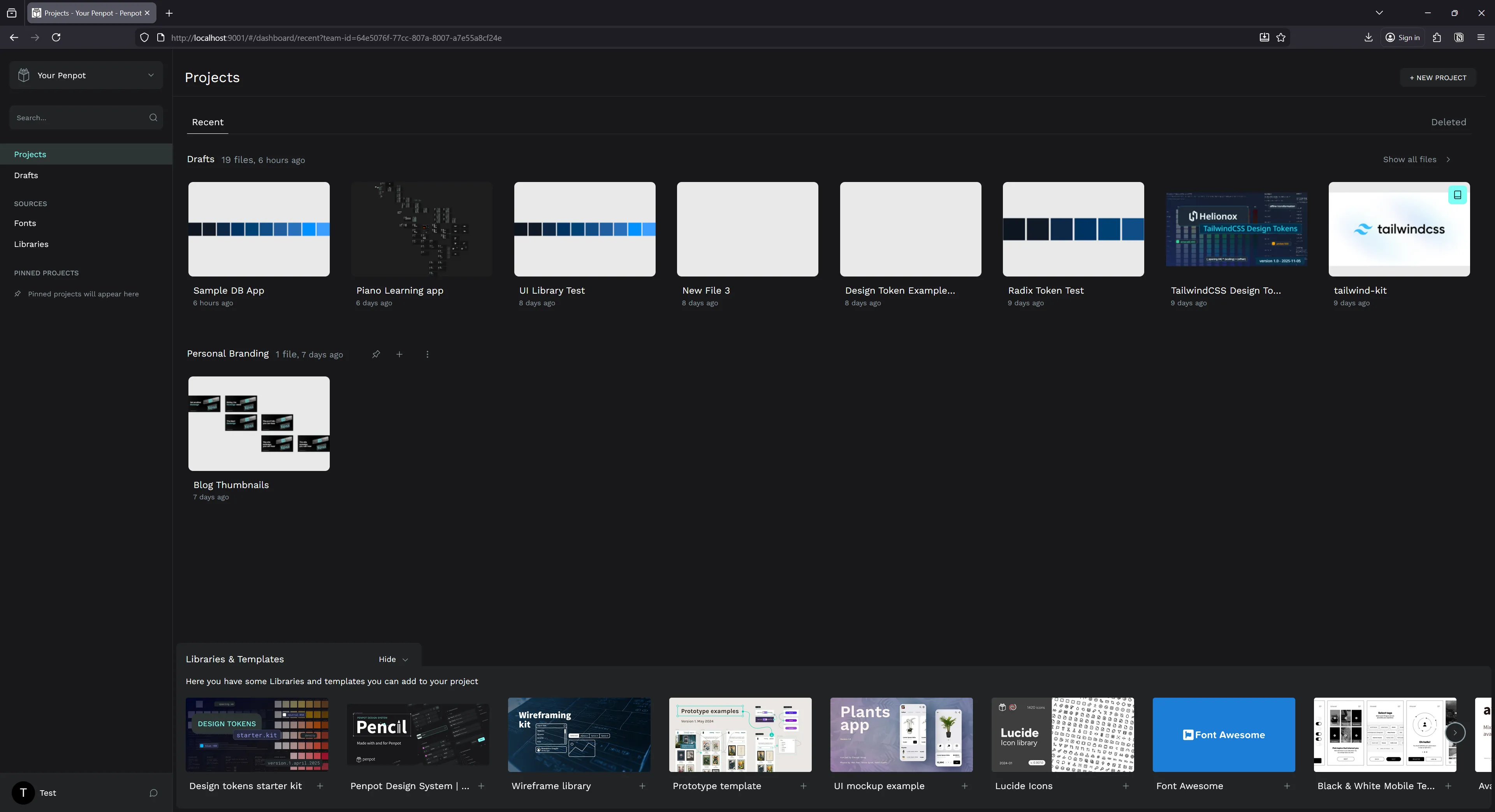 The Penpot dashboard. There’s a sidebar with a button for projects or drafts, and the right content area has a list of projects with cards for each one.  