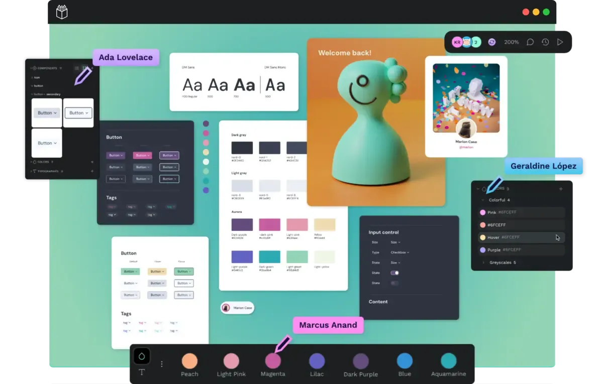 Preview of Penpot app with various designs scattered on canvas, like pages from a style guide with typography and colors