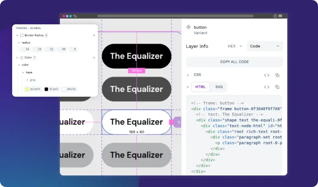 Preview of the Penpot app. A few buttons are visible on a canvas, one is selected and the HTML code is displayed in panel on right