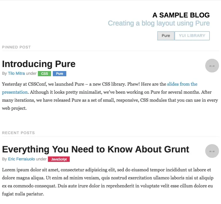 Screenshot of the blog layout