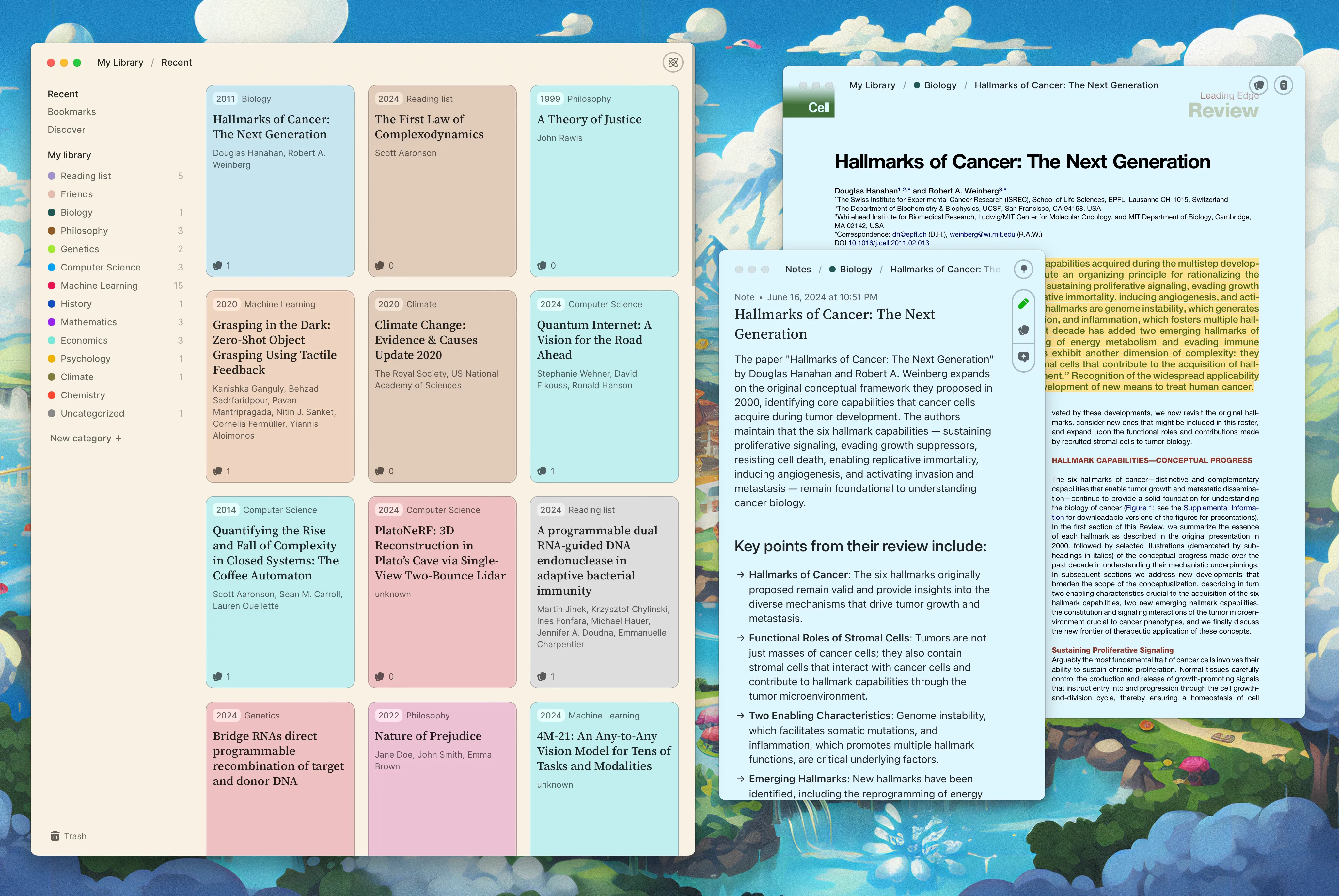The Research app. It features multiple desktop windows. One has a list of documents as colorful cards, and another window has a document preview