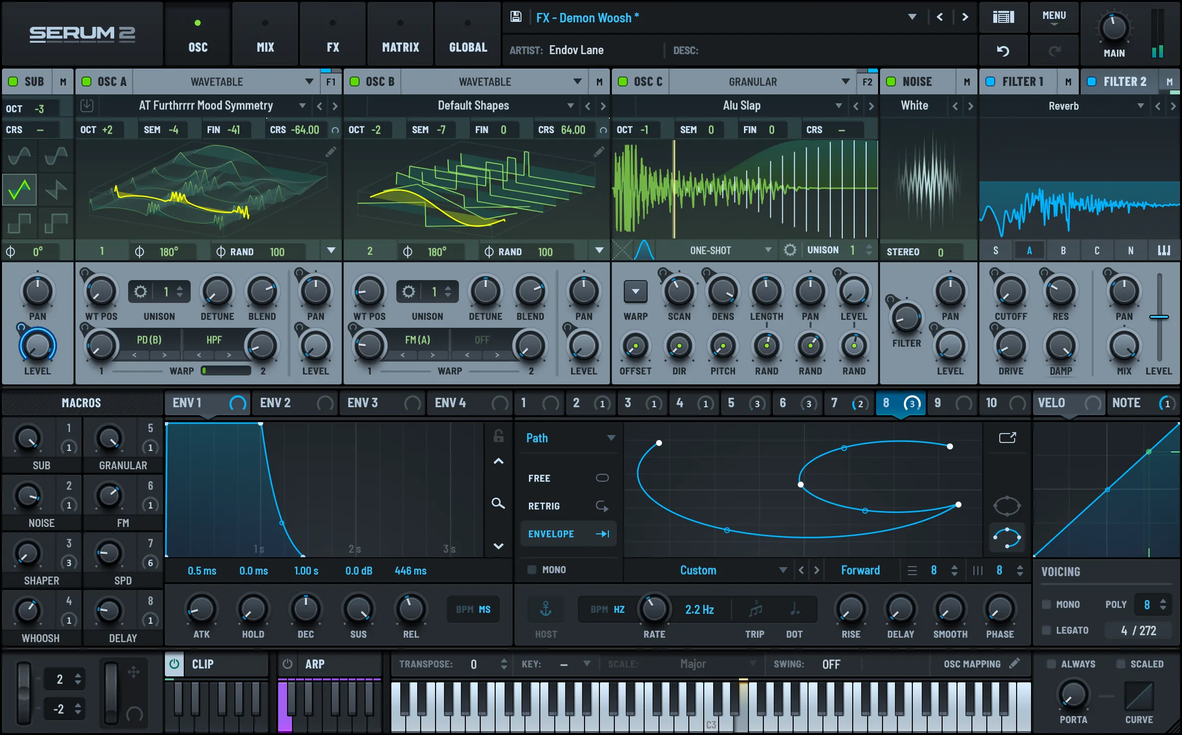 Serum 2 is one of the most popular plugins you’ll find people using. It’s a virtual synthesizer with lots of parameter controls for multiple oscillators contained in several modular containers in a grid-like layout, alongside a piano for playback.