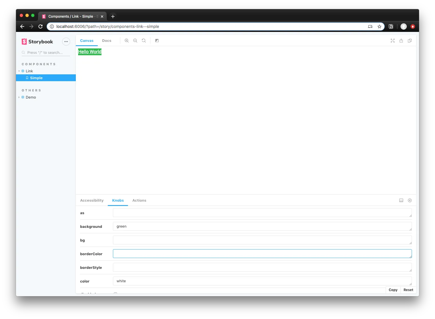 Screenshot of Storybook "knobs" that let you change props