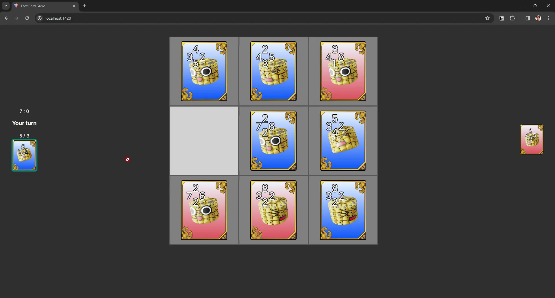 The game we’ll be creating. A local web app showing a game board with 8 cards played in center, and player and opponent cards on either side of browser window.