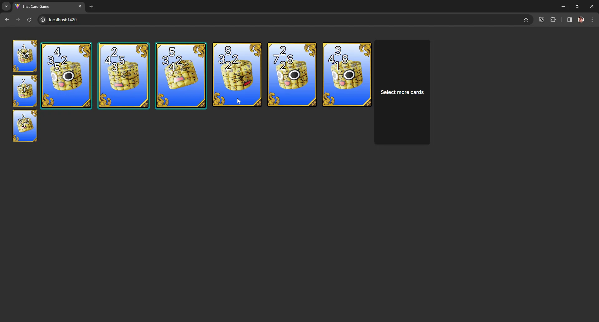 3 small cards are stacked on the left with a horizontal row of 6 larger cards, with 3 selected. A button to the right reads “Select more cards”