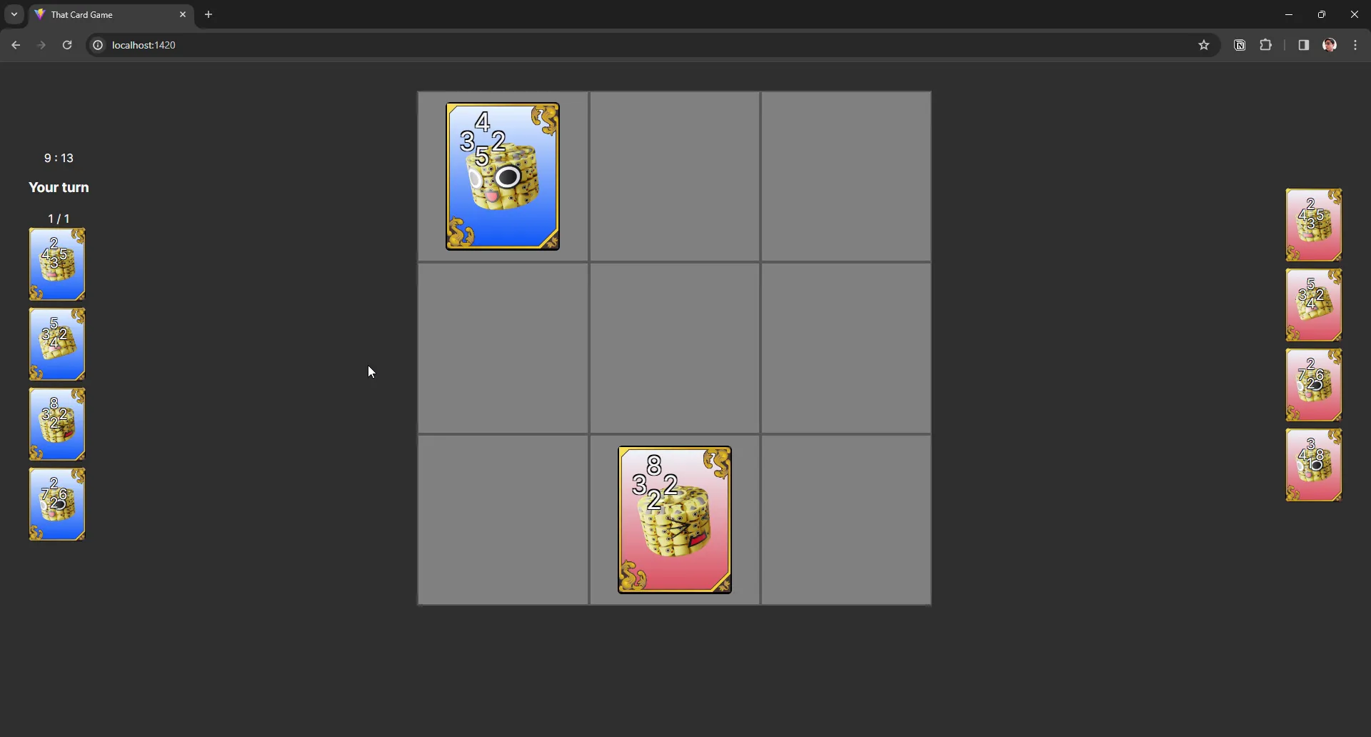 The game board in center with player cards on left and opponent cards on right.