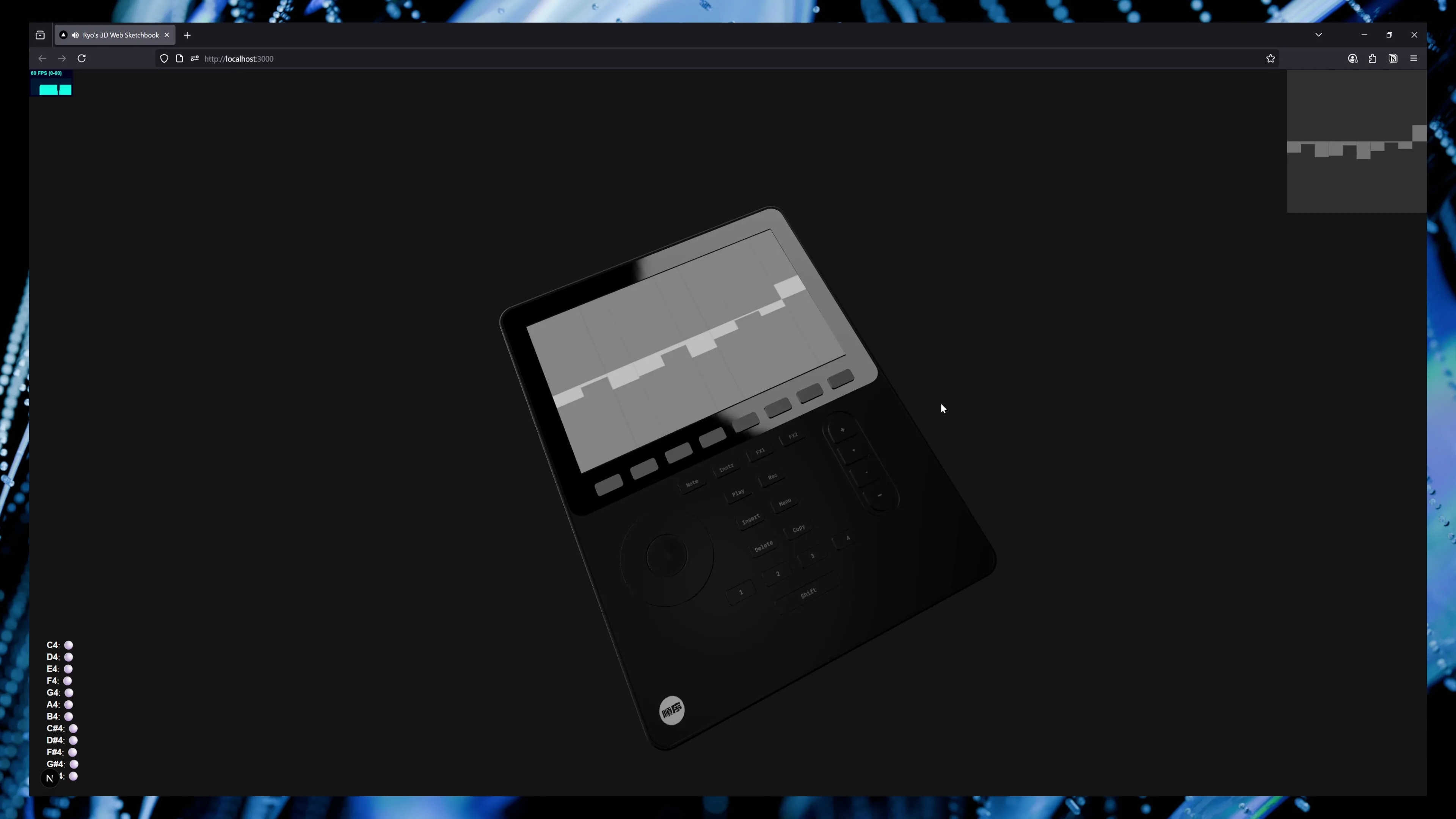 A custom waveform rendering with Rive and synced to a 3D screen rendered with ThreeJS