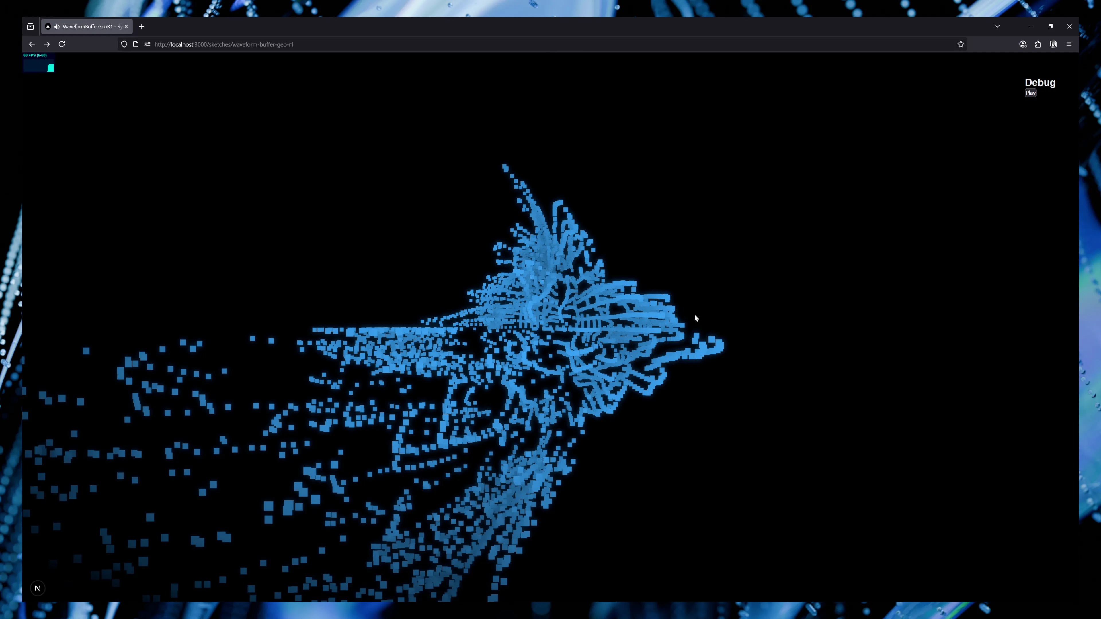 A web app with a black background and blue particles floating in space gathered in a sphere shape and exploding outwards based on keypress