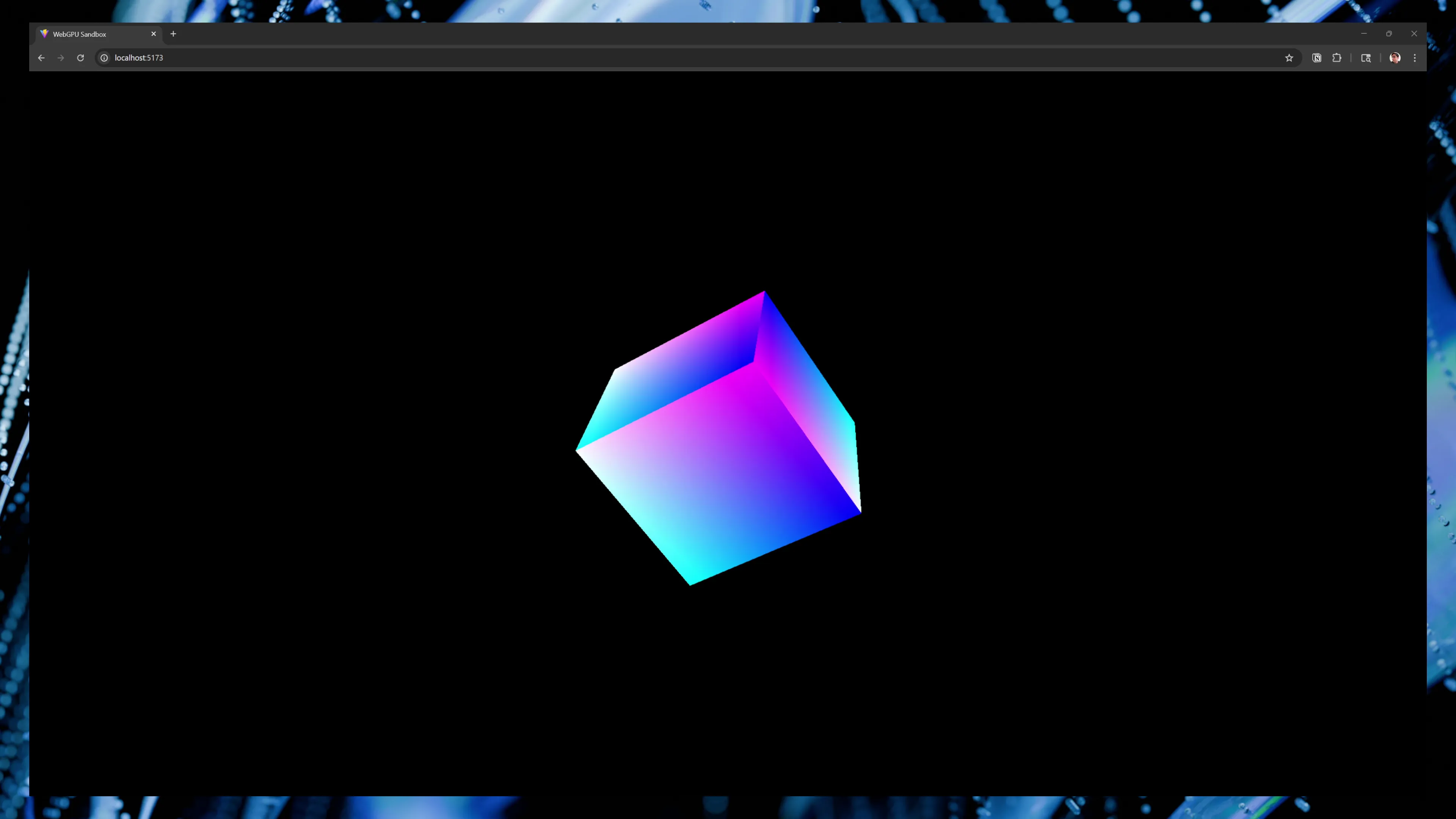 A cube rendered using a Geometry class. It’s blue and pink from using normal data as colors.
