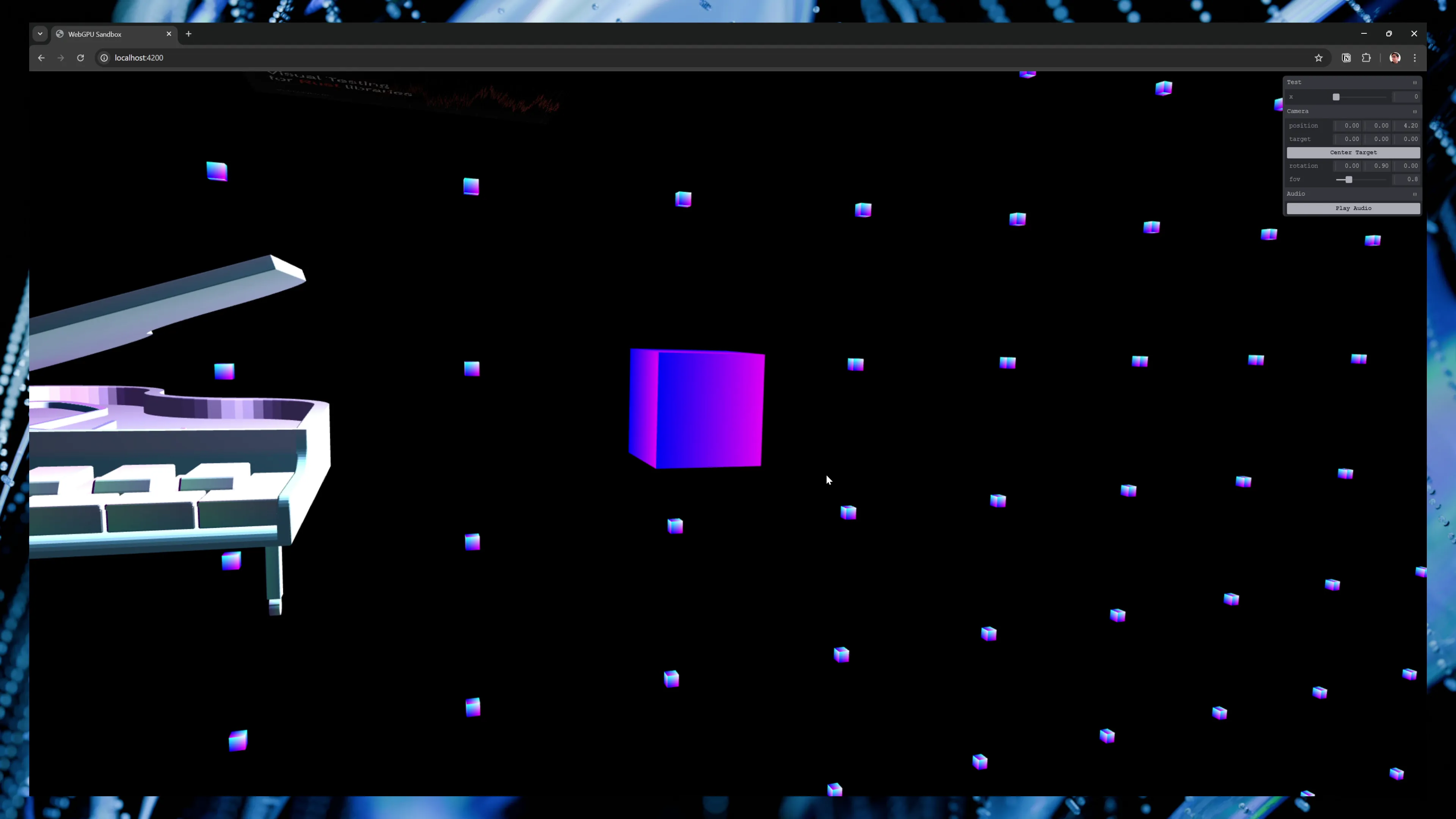 A cube with our custom shader applied, which animates the colors using the geometry’s normal data.