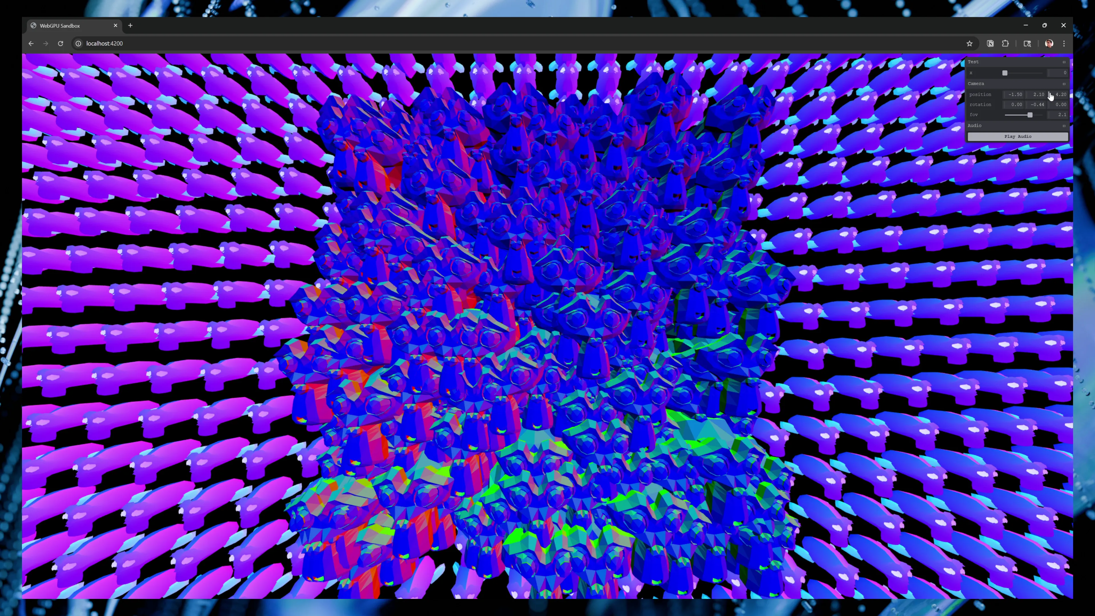 3D scene in a web browser. Suzanne monkey head model is used as particles in background spread in an even grid. In the center, several heads are placed close together randomly to create a square mass of faces.