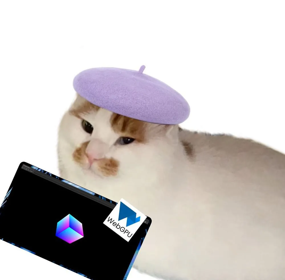 A cat wearing a beret with a web browser window in front of it rendering a cube with WebGPU