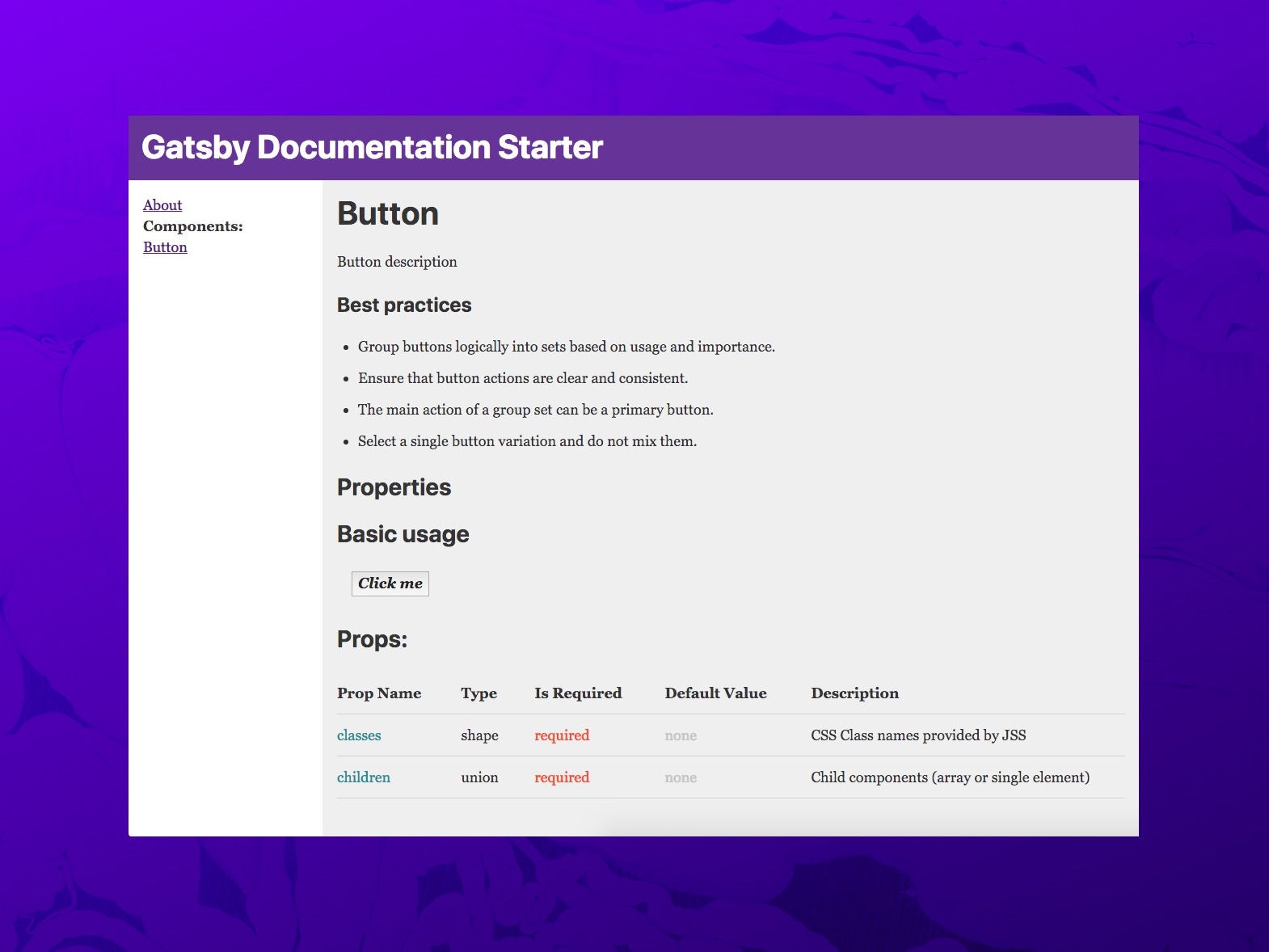 Screenshot of demo documentation site