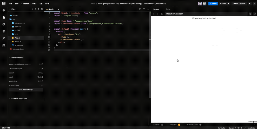 A GIF of the CodeSandbox IDE with browser preview displaying a React app with a "horse" game described below