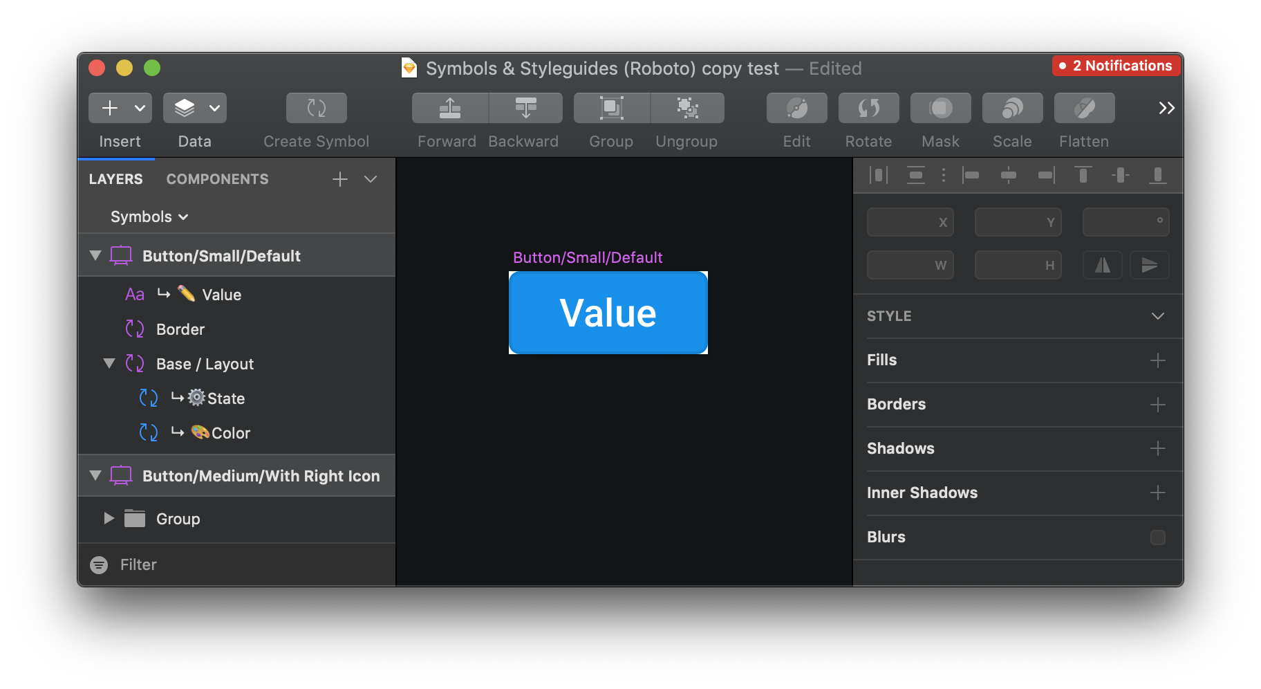 Screenshot of the Sketch app with a button and it's layers displayed in the sidebar