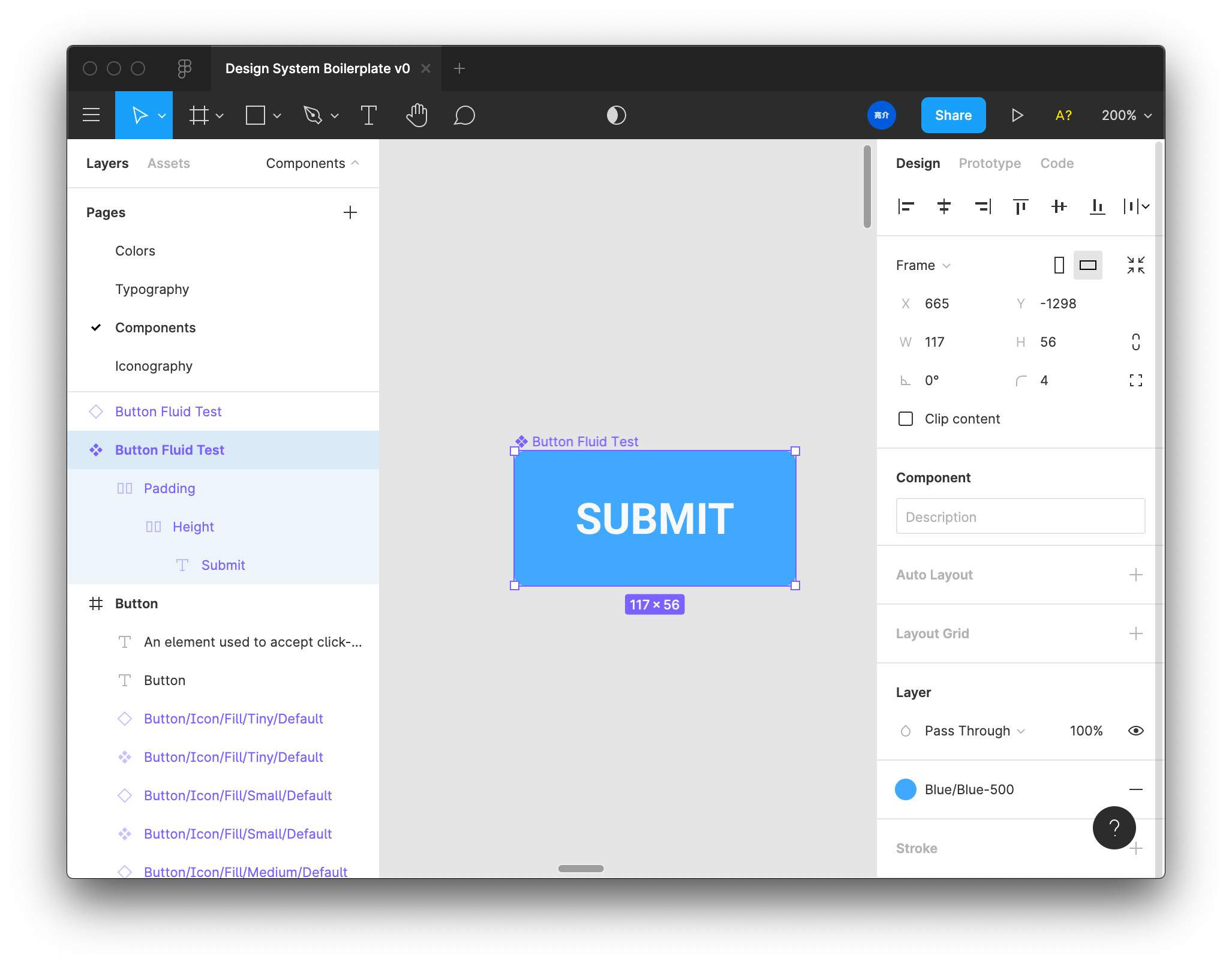 Screenshot of Figma app with a fluid button and it's layers