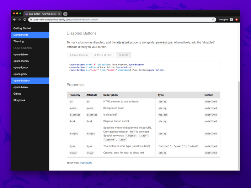 Screenshot of Pure Web Components documentation website