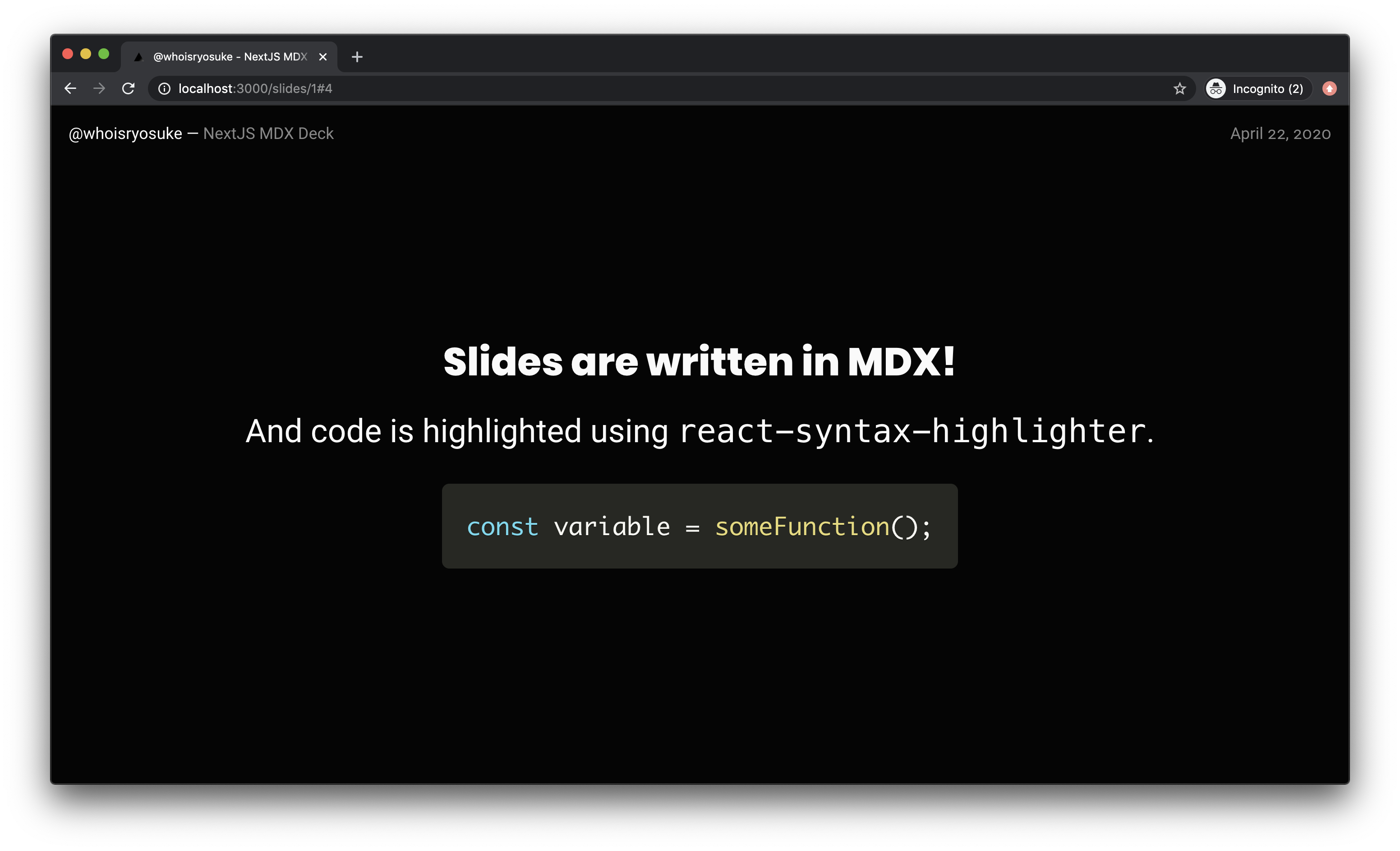 Screenshot of Next MDX Deck in action on a slide showing syntax highlighting