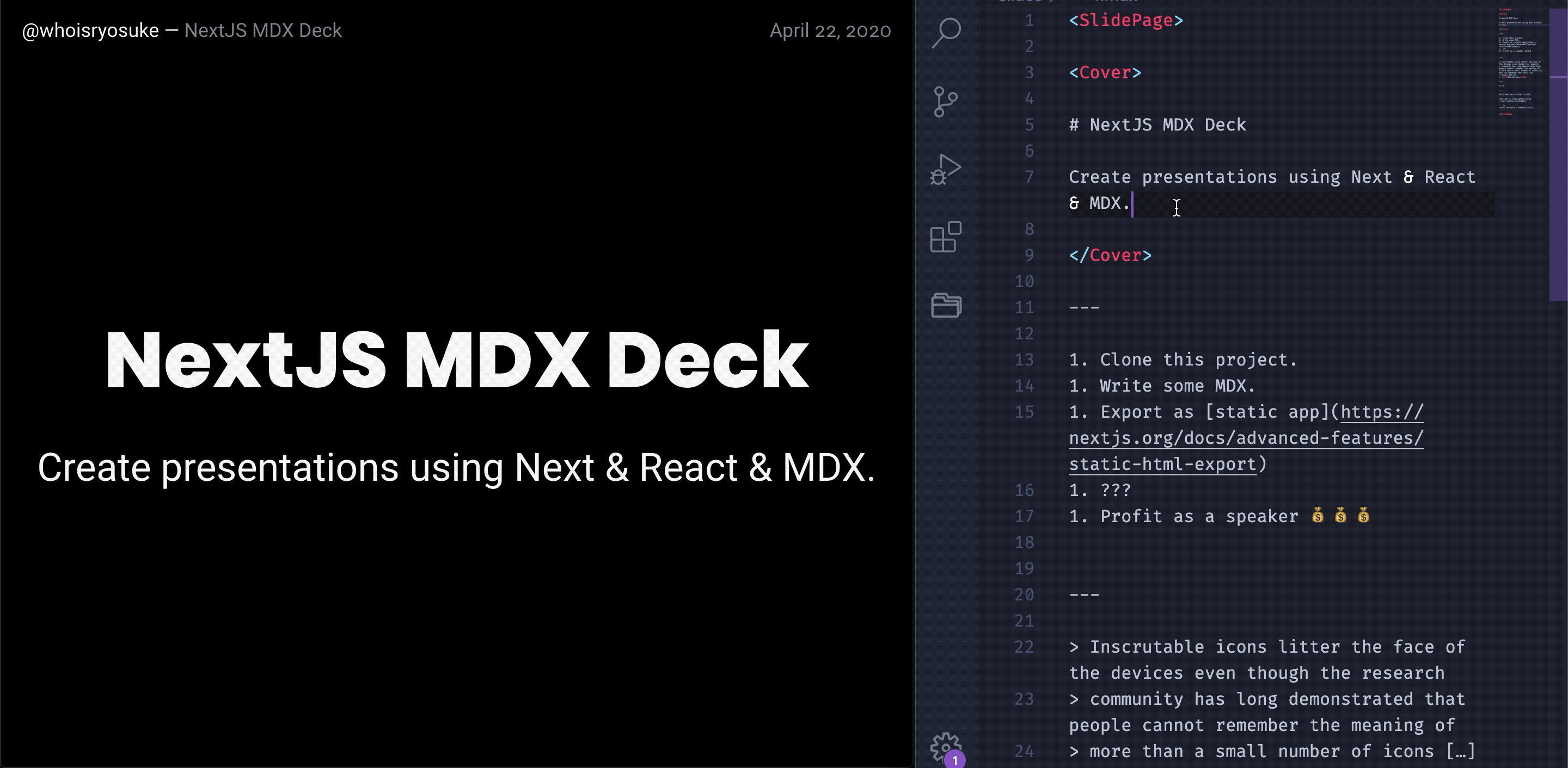 Animated GIF of a browser showing the live view of the Next MDX Deck dev server in action alonside someone writing JSX in a MDX file inside VSCode