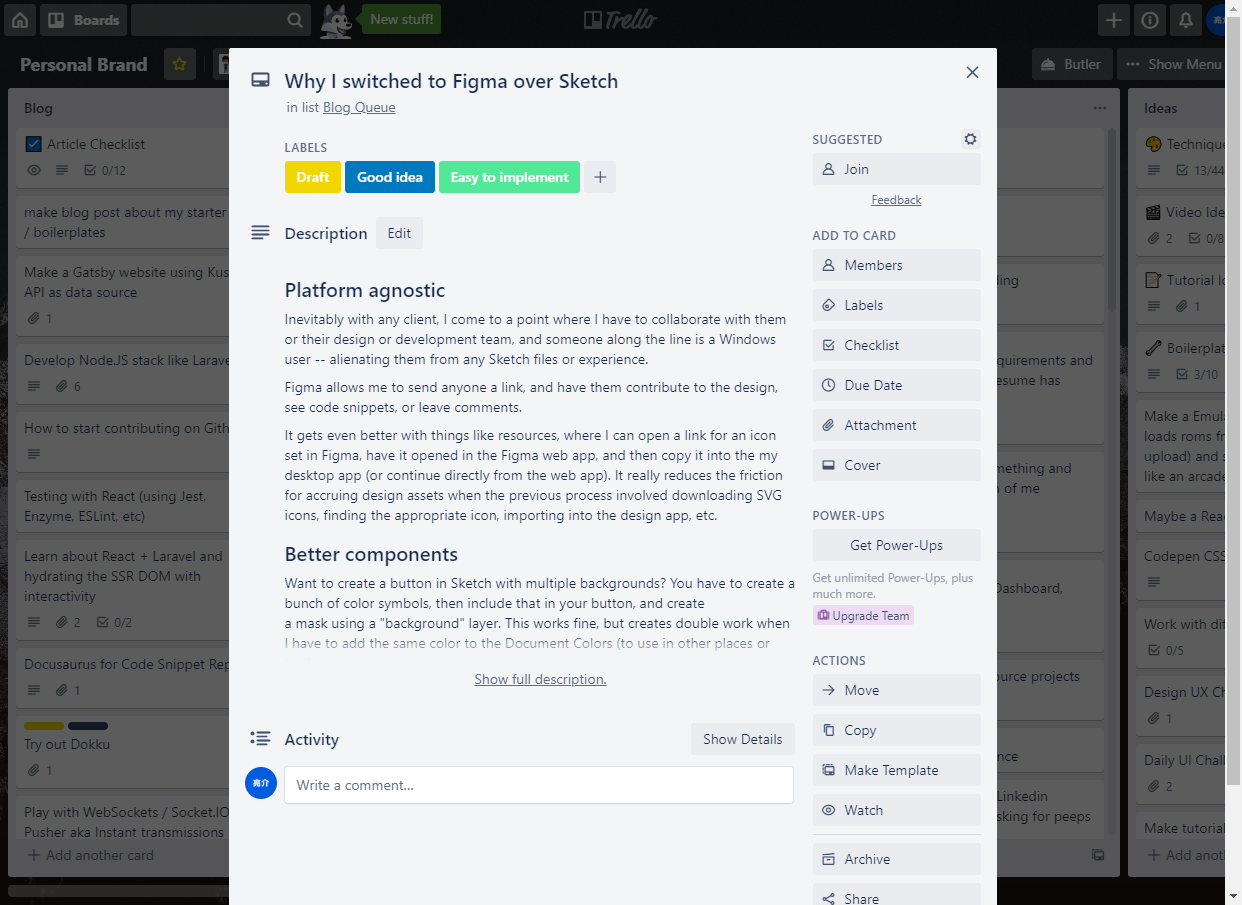 Screenshot of how I blog inside of Trello using their card system