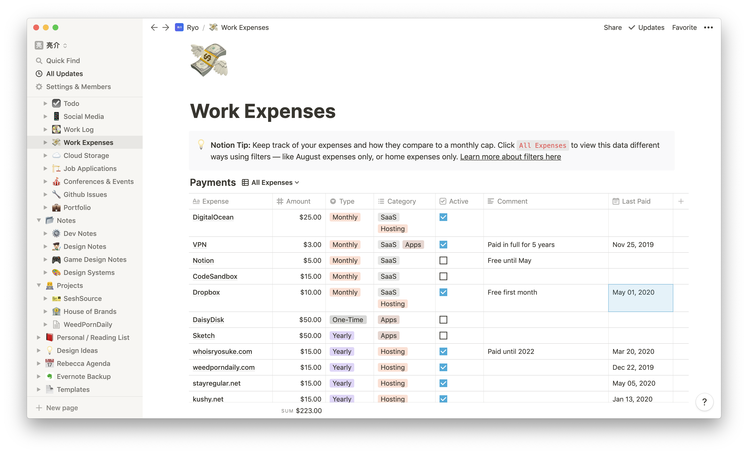 Screenshot of the Notion app on the Work Expenses page with a table view containing a list of expenses, their cost, when last paid, etc