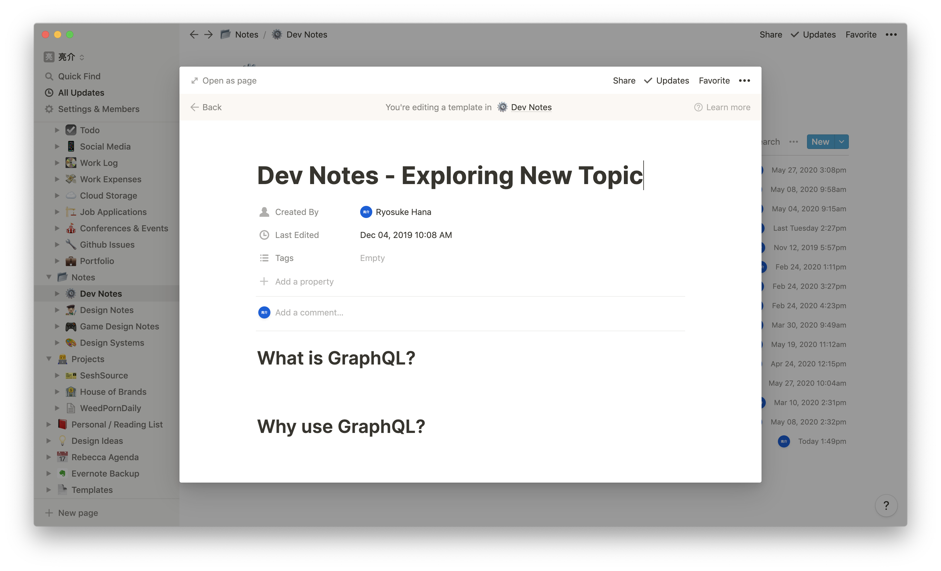 Screenshot of the Notion app on a template page used for creating new topic in the "Dev Notes" table