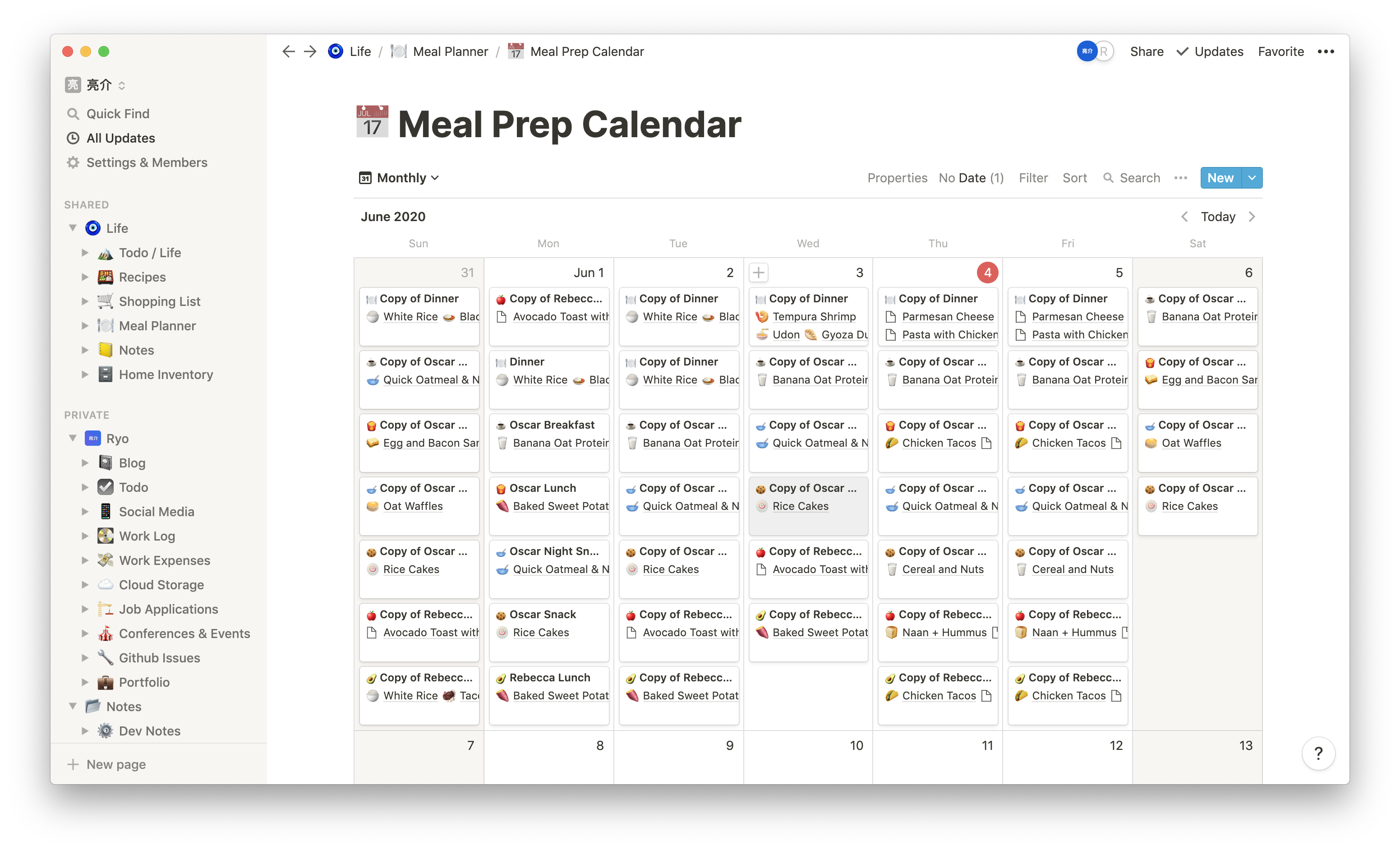 Screenshot of the Notion app on the Meal Prep Calendar page with a calendar view with 6 meal cards per day