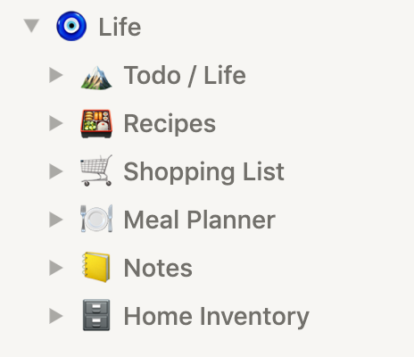 Screenshot of Notion sidebar with Life page and nested pages