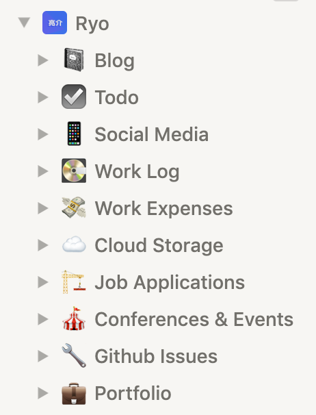 Screenshot of Notion sidebar with Ryo page and nested pages