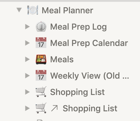 Screenshot of Notion sidebar with Meal Planner page and nested pages