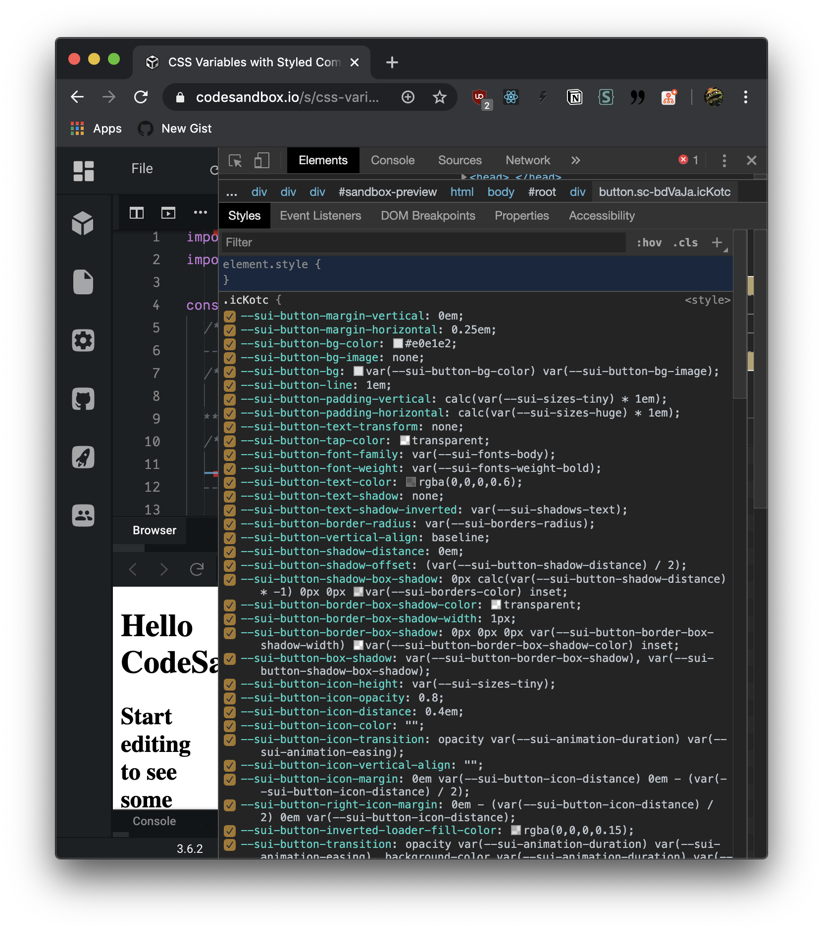 Screenshot of Chrome displaying long list of CSS custom properties