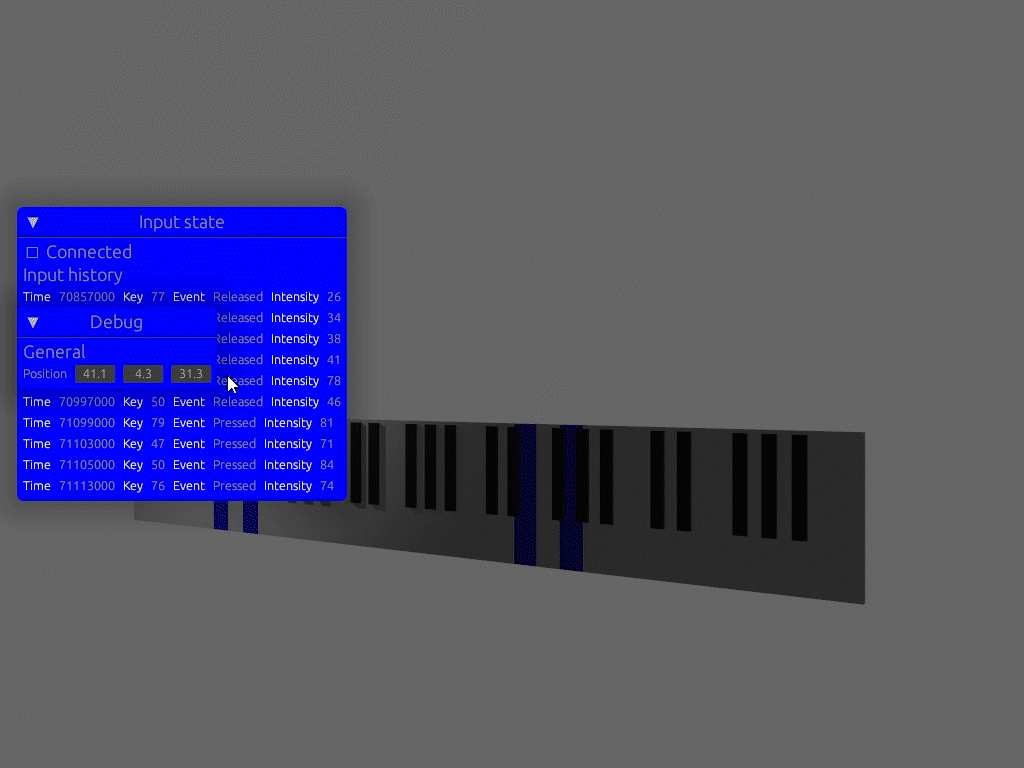 Native Rust app rendering a 3D piano. The keys light up to visualize playing.