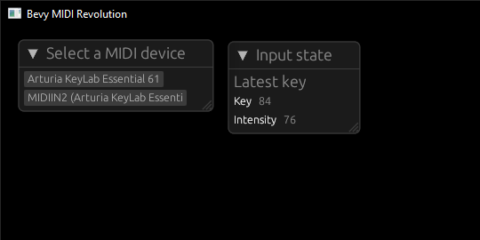 A native Bevy app with two debug EGUI windows. The first window has a list of detected MIDI devices as buttons. The second window has the latest input state, showing the key ID and how hard it was pressed represented by an intensity value.