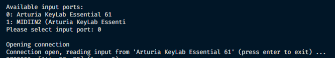 A screenshot of the VSCode integrated shell displaying an ordered list of MIDI devices with an Arturia first