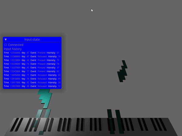 A native rust app renders a 3D scene using Bevy. Piano keys are positioned at the bottom of the screen tilted forward slightly. random keys change color, and as they do a block appears in the same position and starts to move up and away from camera kinda like star wars text
