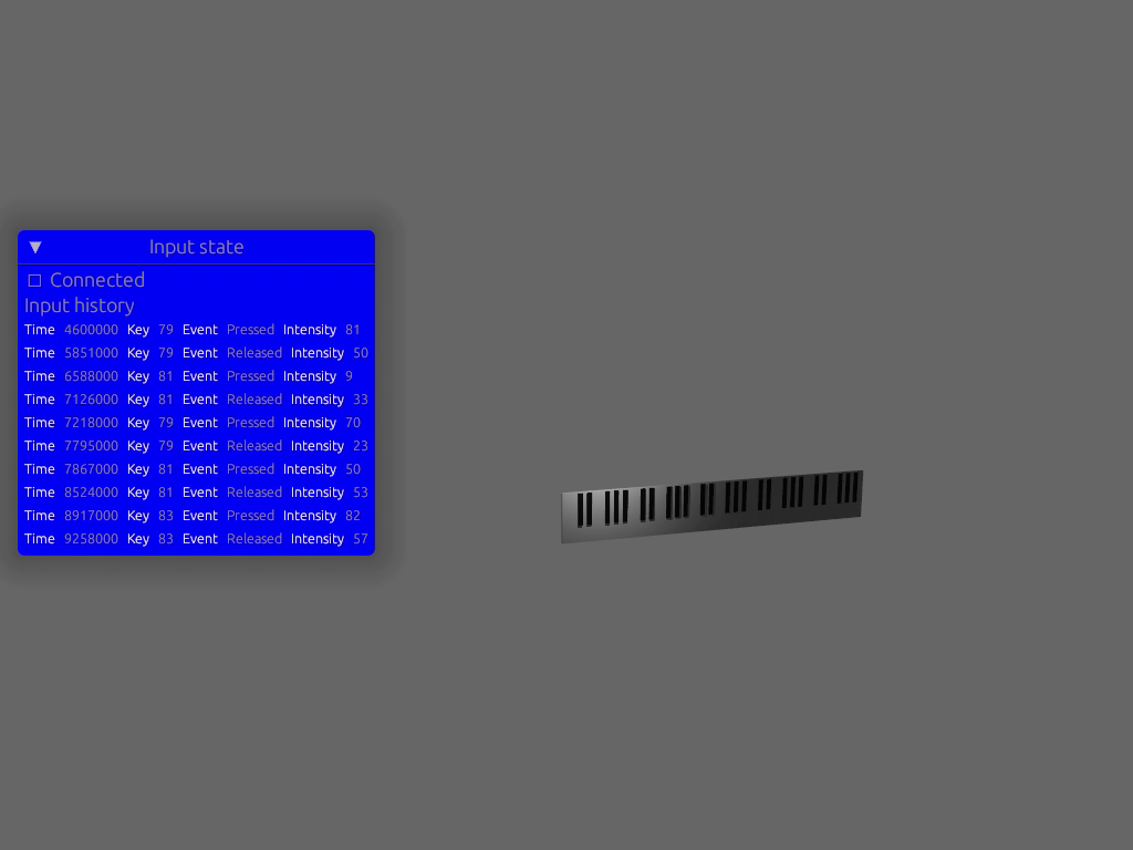 A native Rust app renders a 3D scene with a small 3D piano in the background. A debug window is positioned in the middle left of the screen and shows a stream of input data from a MIDI device. 