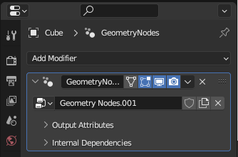 The modifiers panel in Blender showing a Cube with a Geometry Nodes modifier applied.