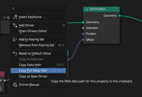 A screenshot of the popup menu when you right click on a property in the geometry node graph