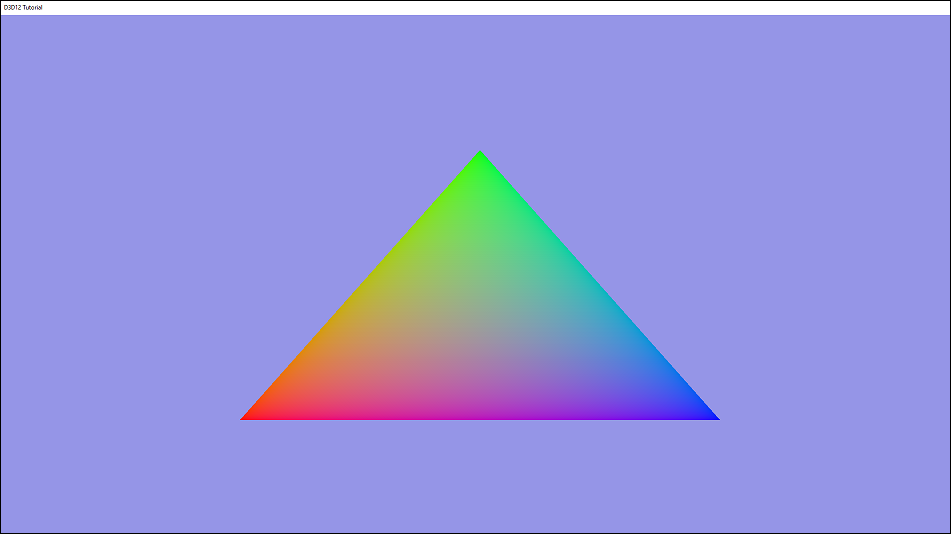 Screenshot from the Alex Tardiff tutorial. A native Windows desktop window renders a triangle centered in the screen with a different primary color gradating from each corner.