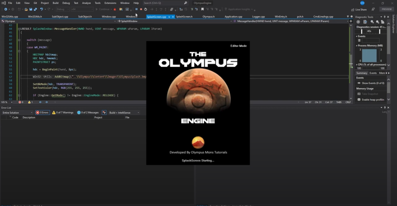 A screenshot from the 5th episode of the Olympus Mons Tutorials DirectX 12 series showing a Visual Studio IDE in the background and a small window showing the game engine splash screen with the text “The Olympus Engine” and a logo centered. 